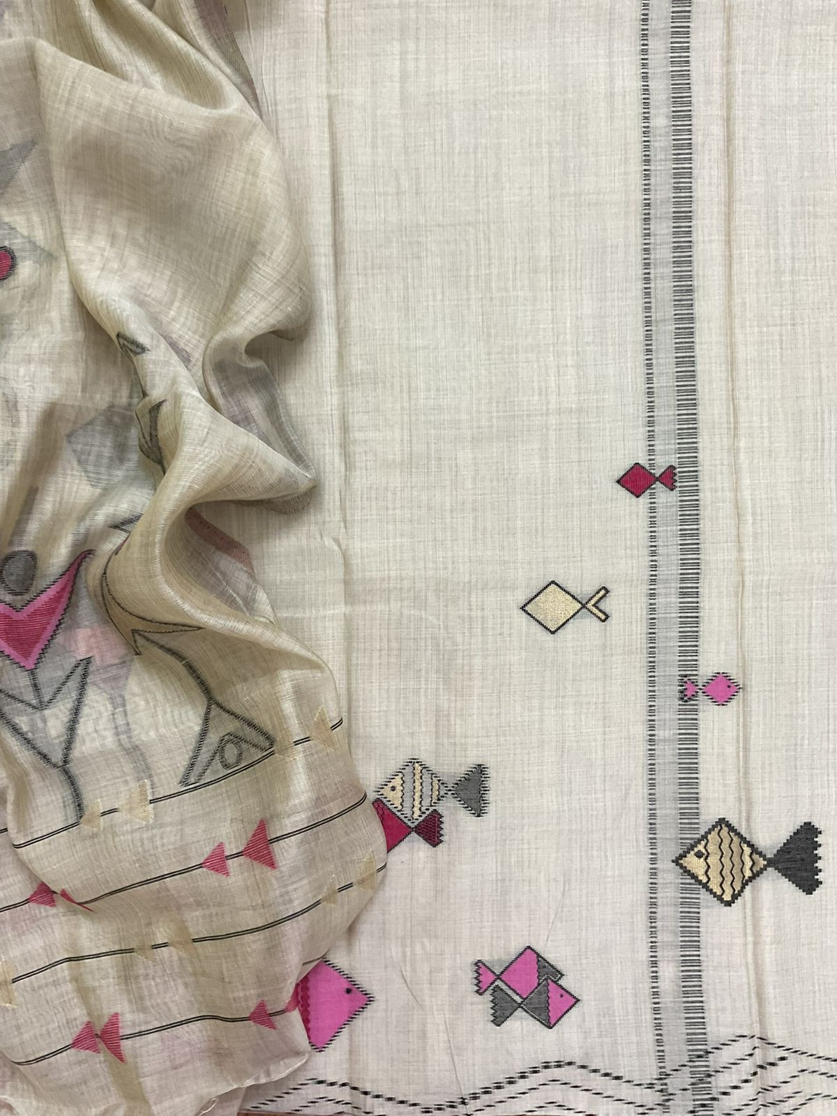 Soft Kora Chanderi Jamdani Weaved Suit - Beige
