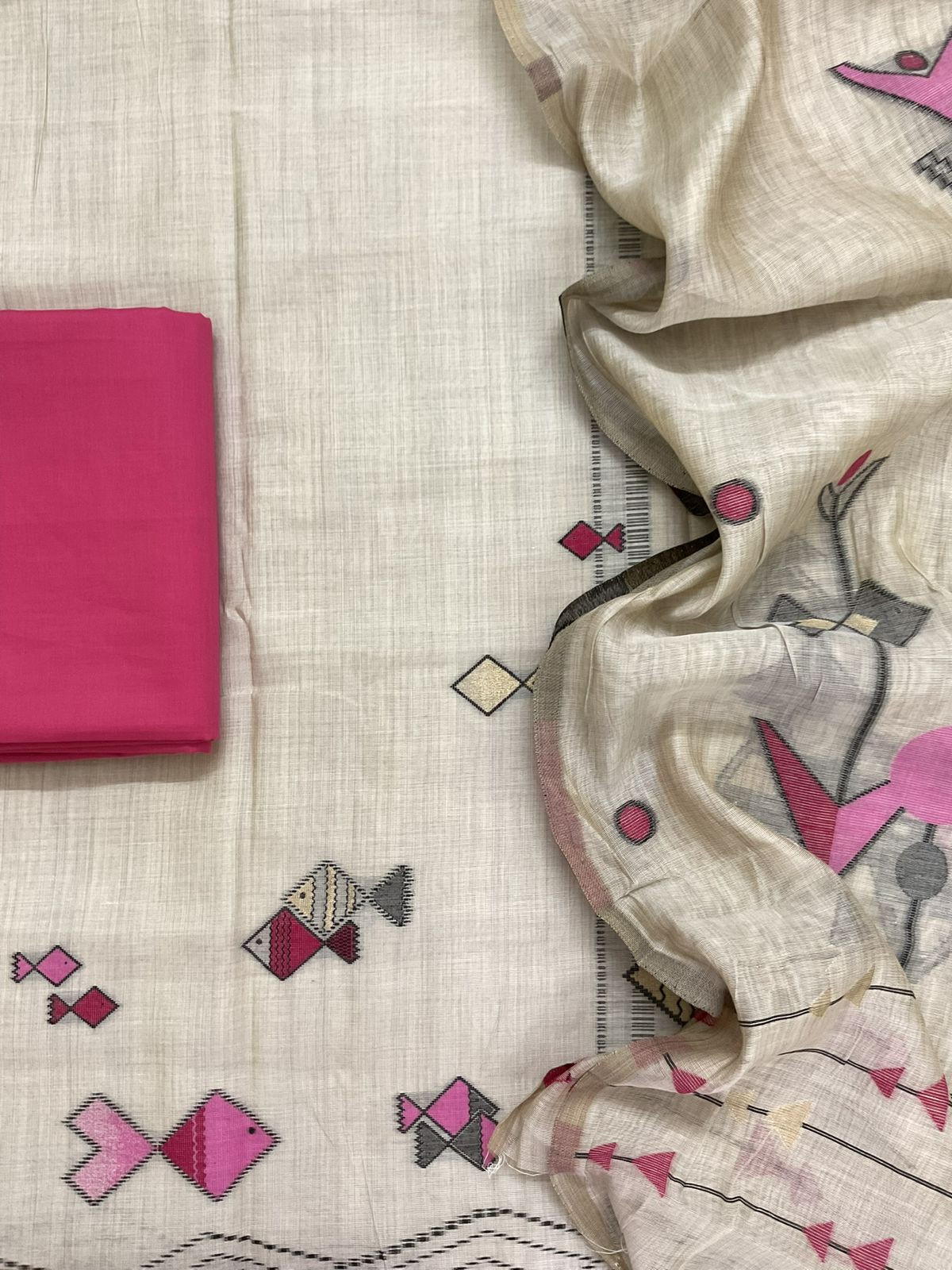 Soft Kora Chanderi Jamdani Weaved Suit - Beige