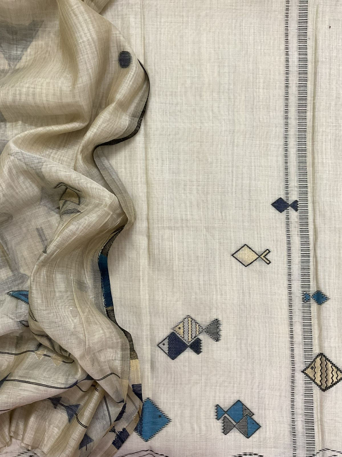 Soft Kora Chanderi Jamdani Weaved Suit - Beige