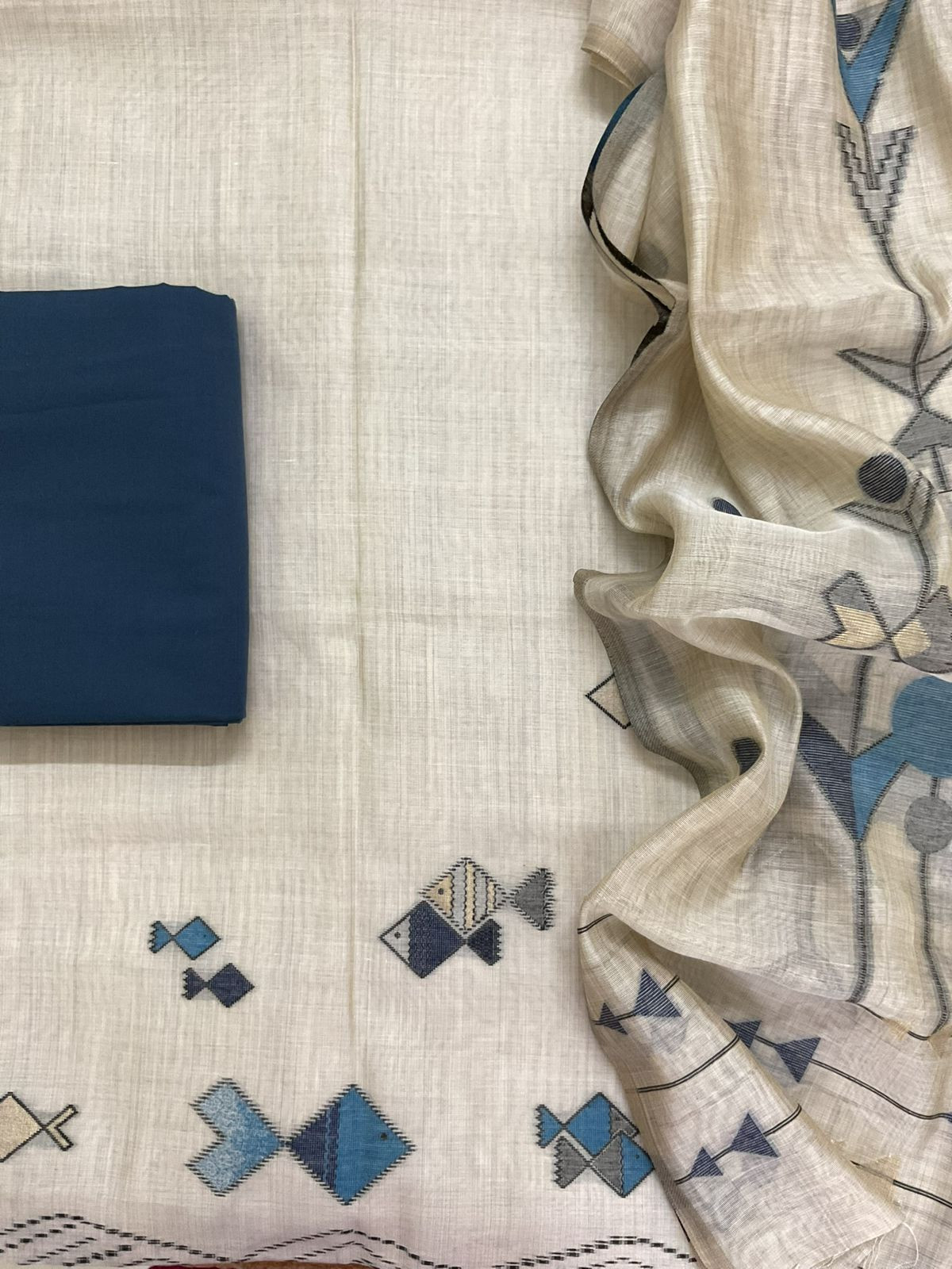 Soft Kora Chanderi Jamdani Weaved Suit - Beige