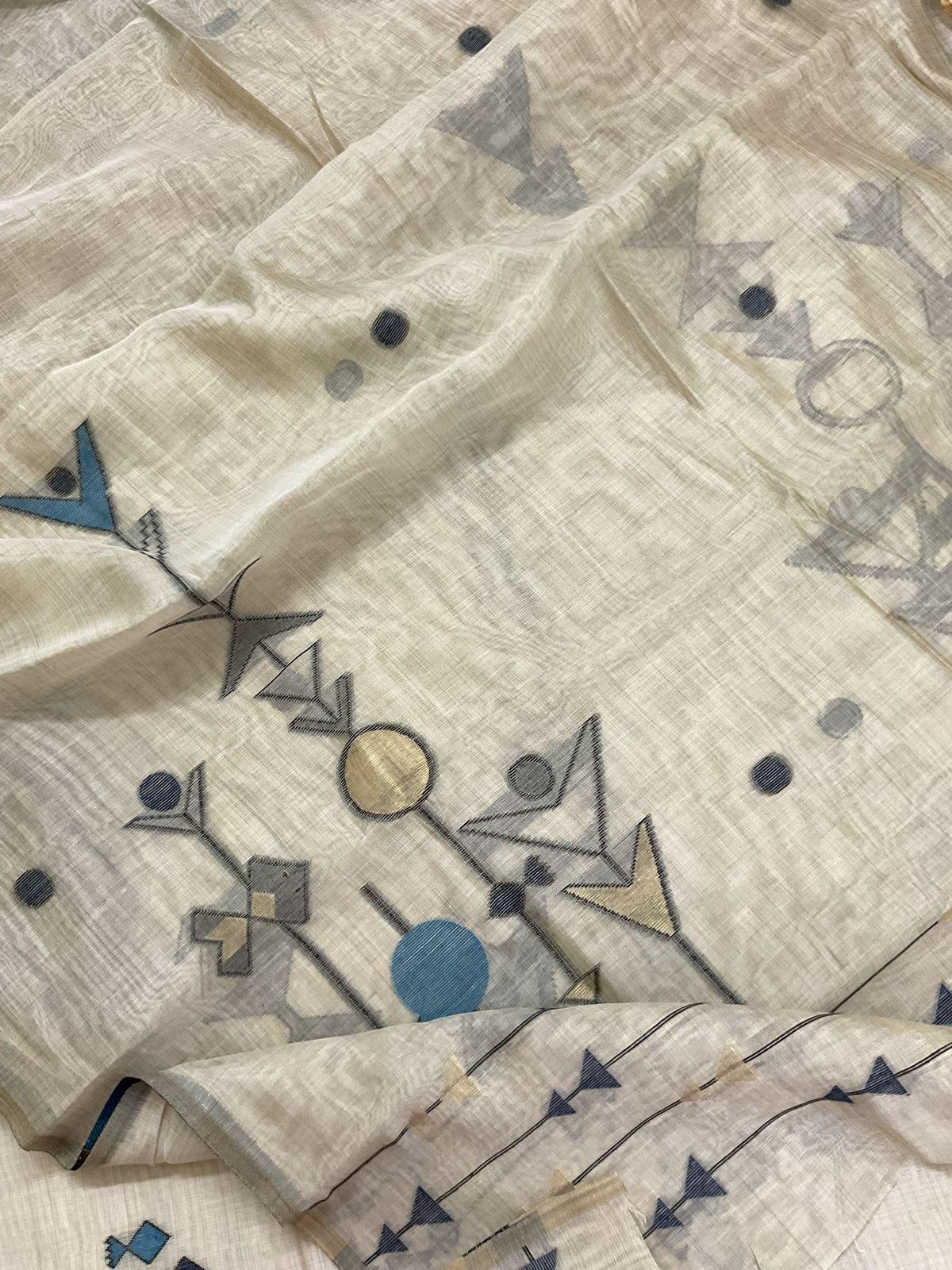 Soft Kora Chanderi Jamdani Weaved Suit - Beige