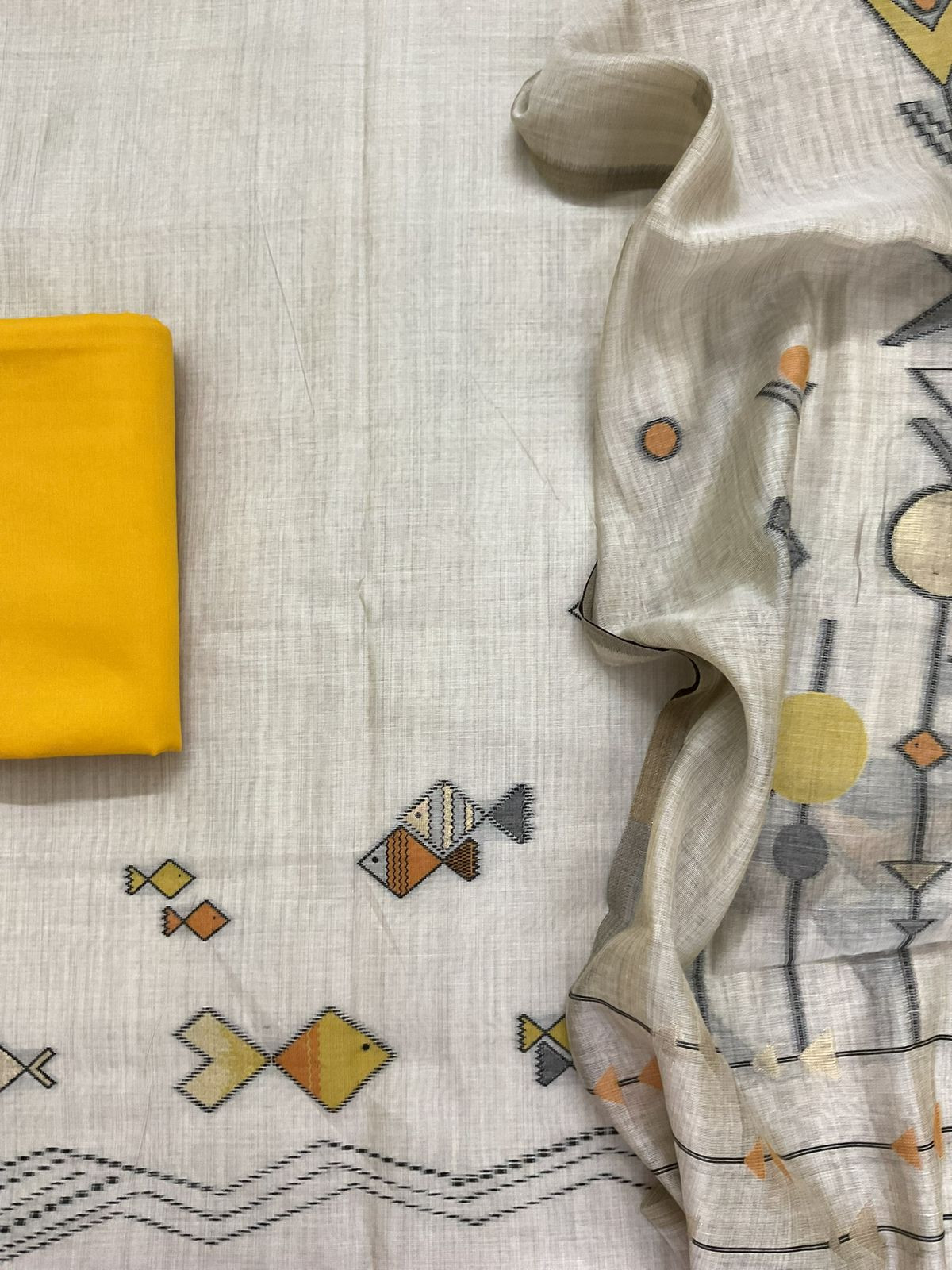 Soft Kora Chanderi Jamdani Weaved Suit - Beige