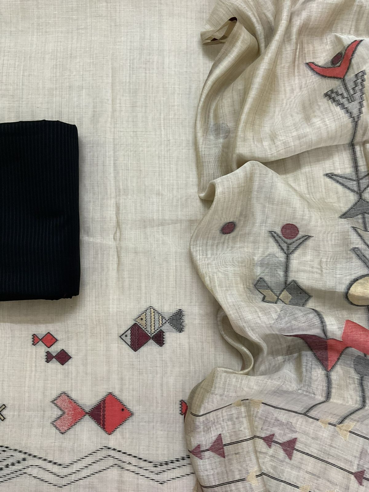 Soft Kora Chanderi Jamdani Weaved Suit - Beige