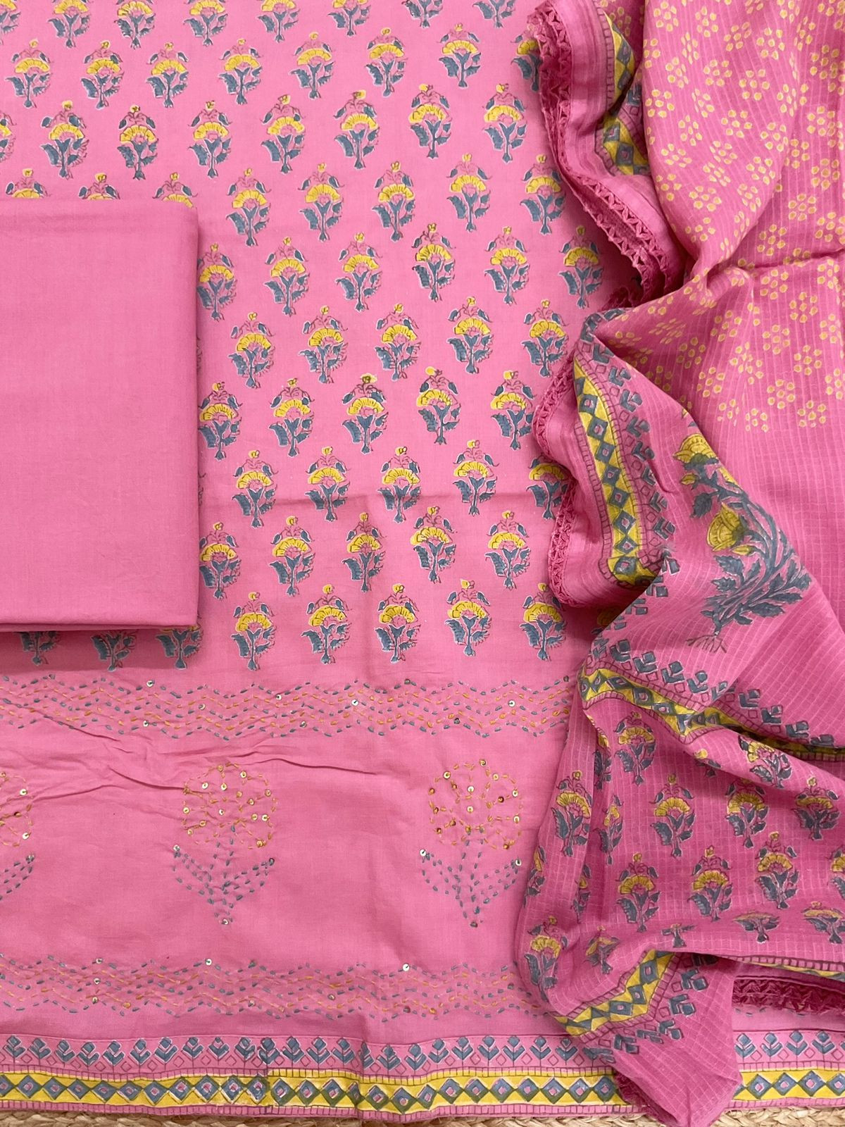 Pure Cotton Printed Embroidered Suit - Pink