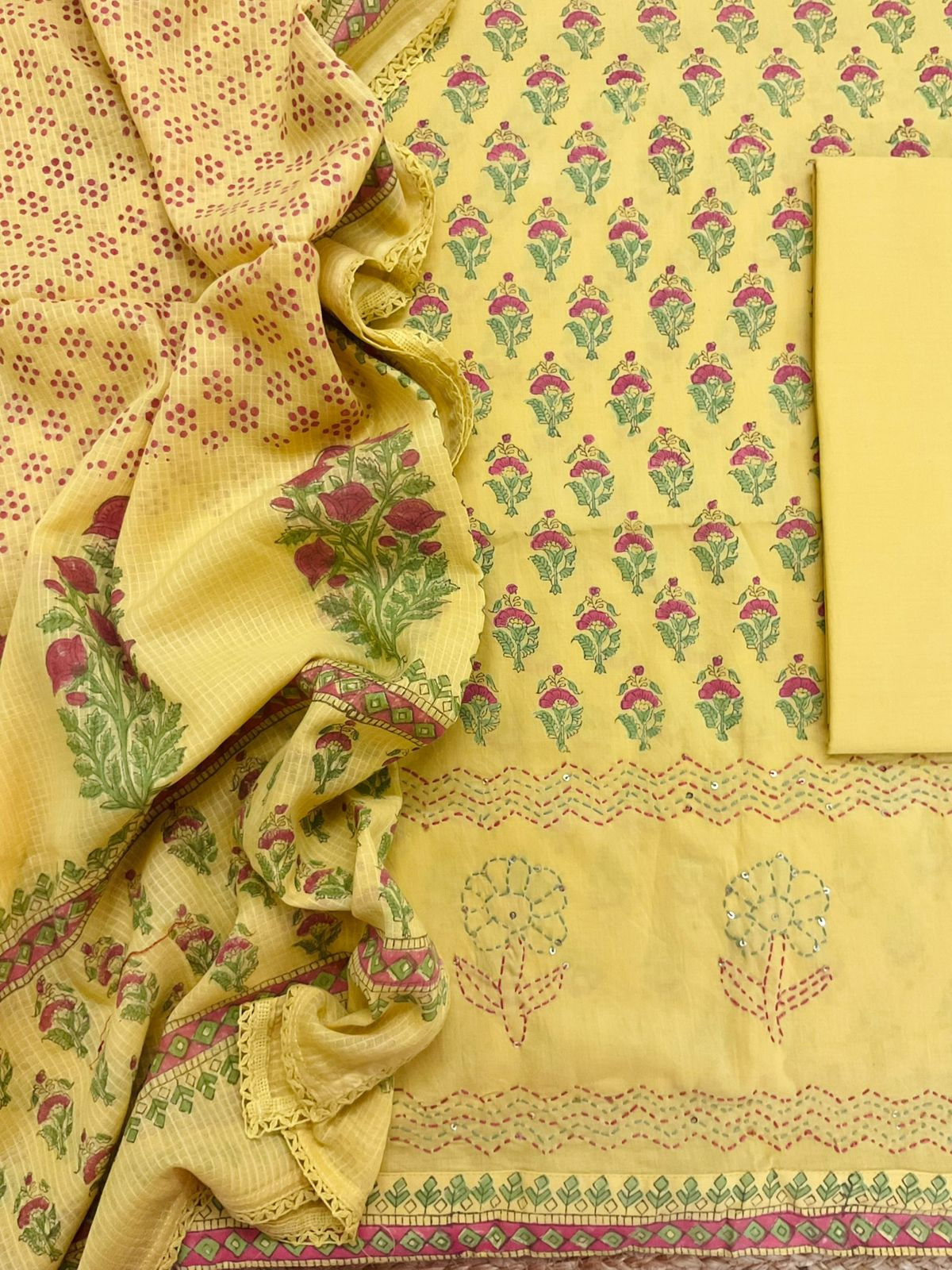 Pure Cotton Printed Embroidered Suit - Yellow