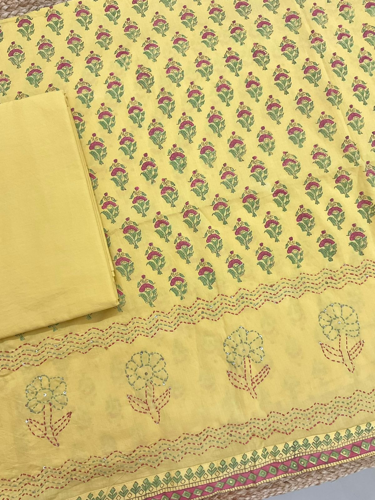 Pure Cotton Printed Embroidered Suit - Yellow