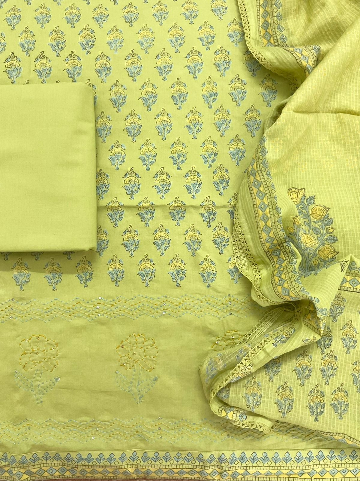 Pure Cotton Printed Embroidered Suit - Green