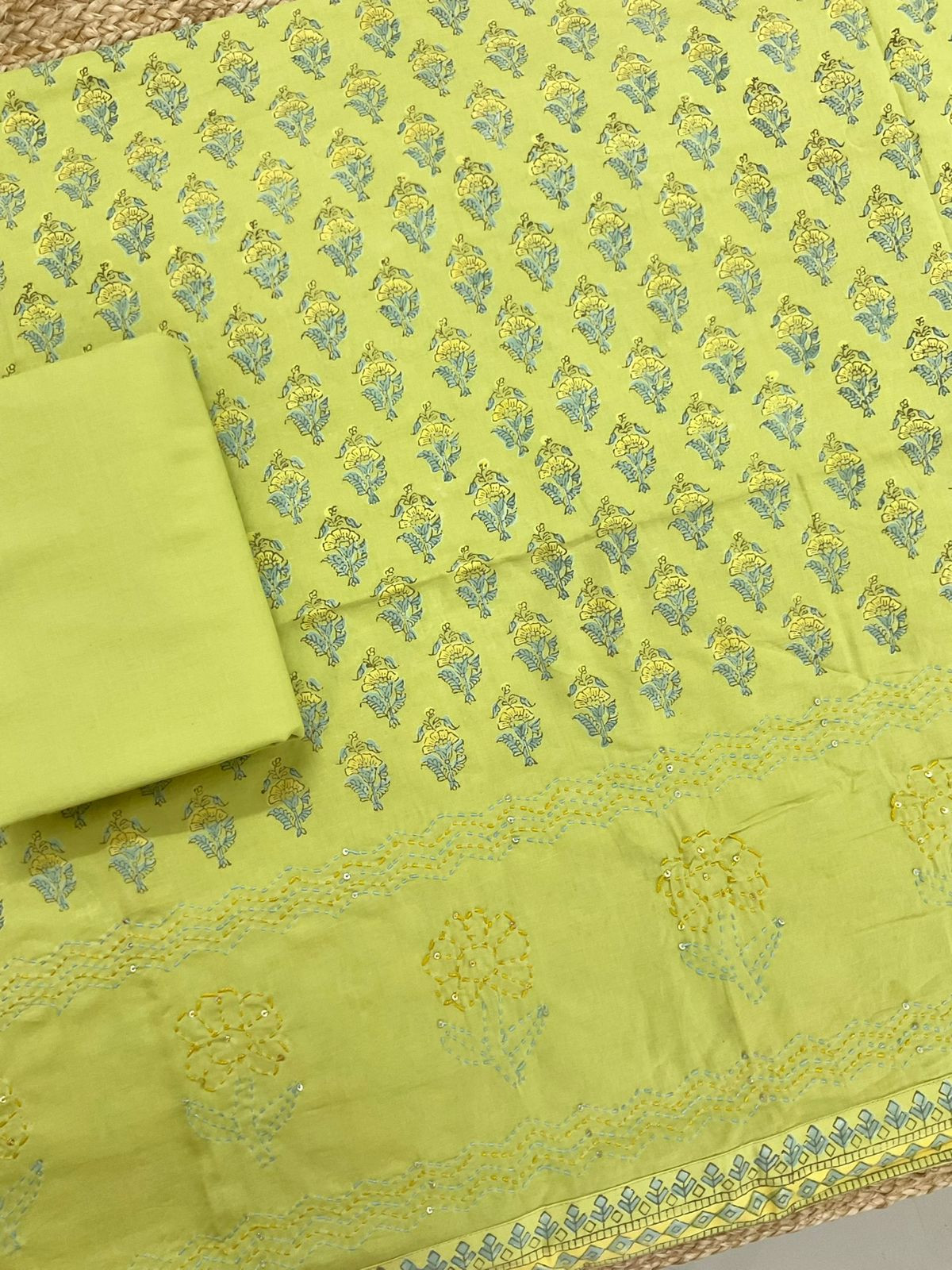 Pure Cotton Printed Embroidered Suit - Green