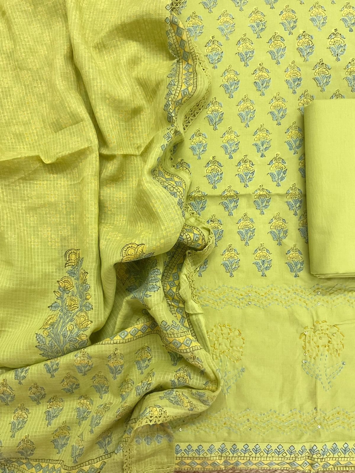 Pure Cotton Printed Embroidered Suit - Green