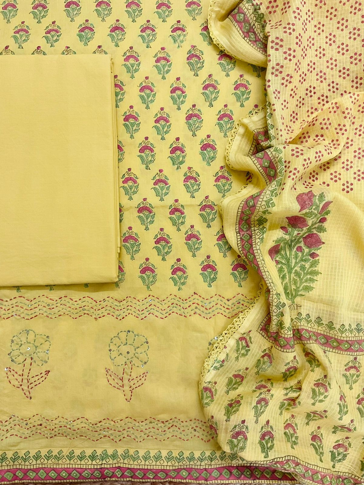 Pure Cotton Printed Embroidered Suit - Yellow