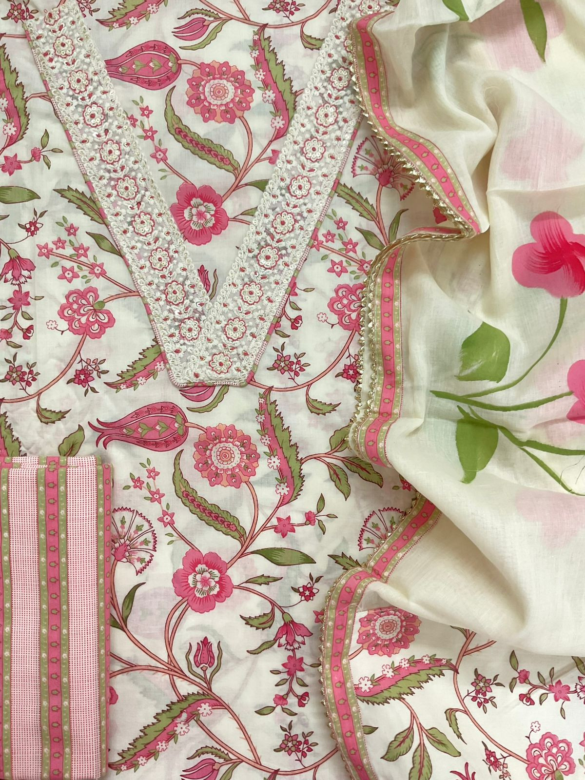 Pure Cotton Printed Embroidered Suit - Offwhite