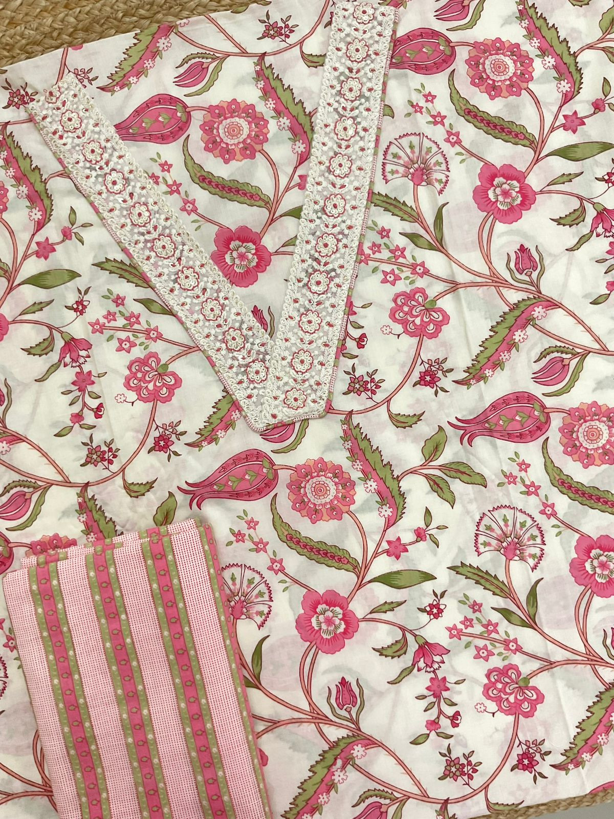 Pure Cotton Printed Embroidered Suit - Offwhite