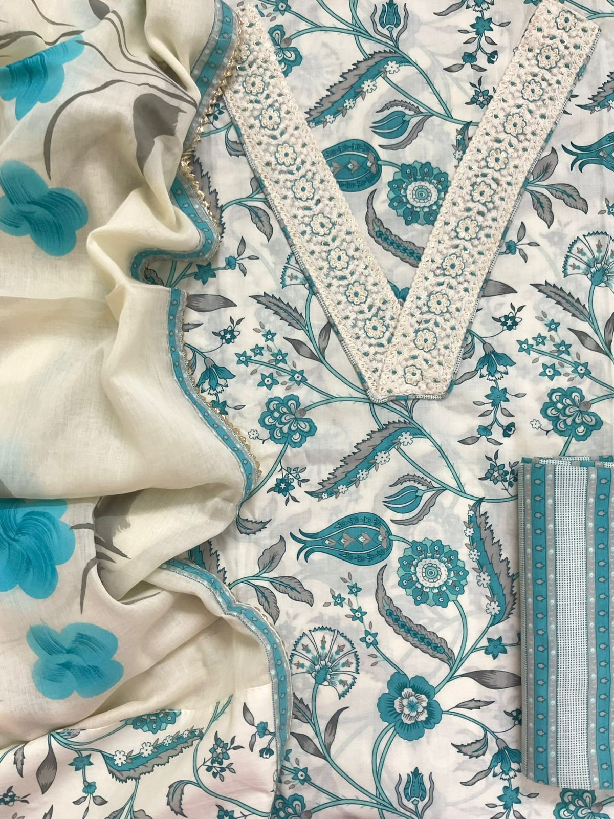 Pure Cotton Printed Embroidered Suit - Offwhite