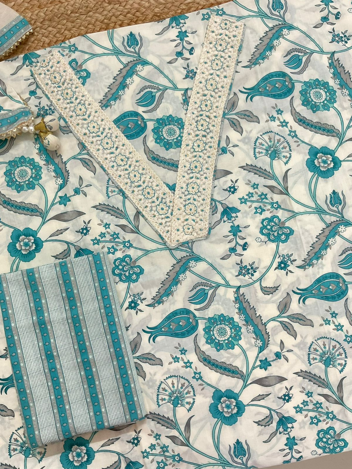 Pure Cotton Printed Embroidered Suit - Offwhite