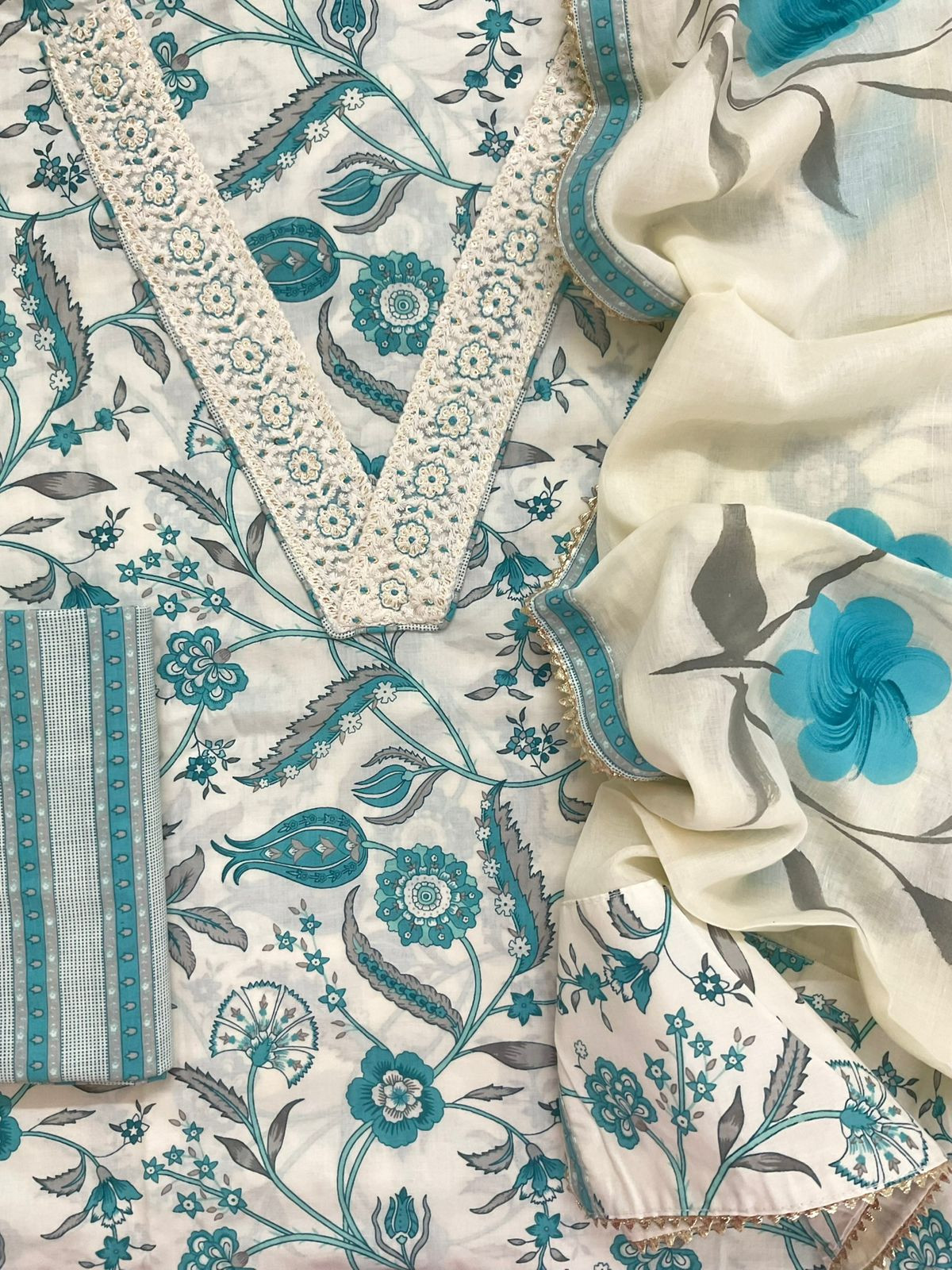 Pure Cotton Printed Embroidered Suit - Offwhite