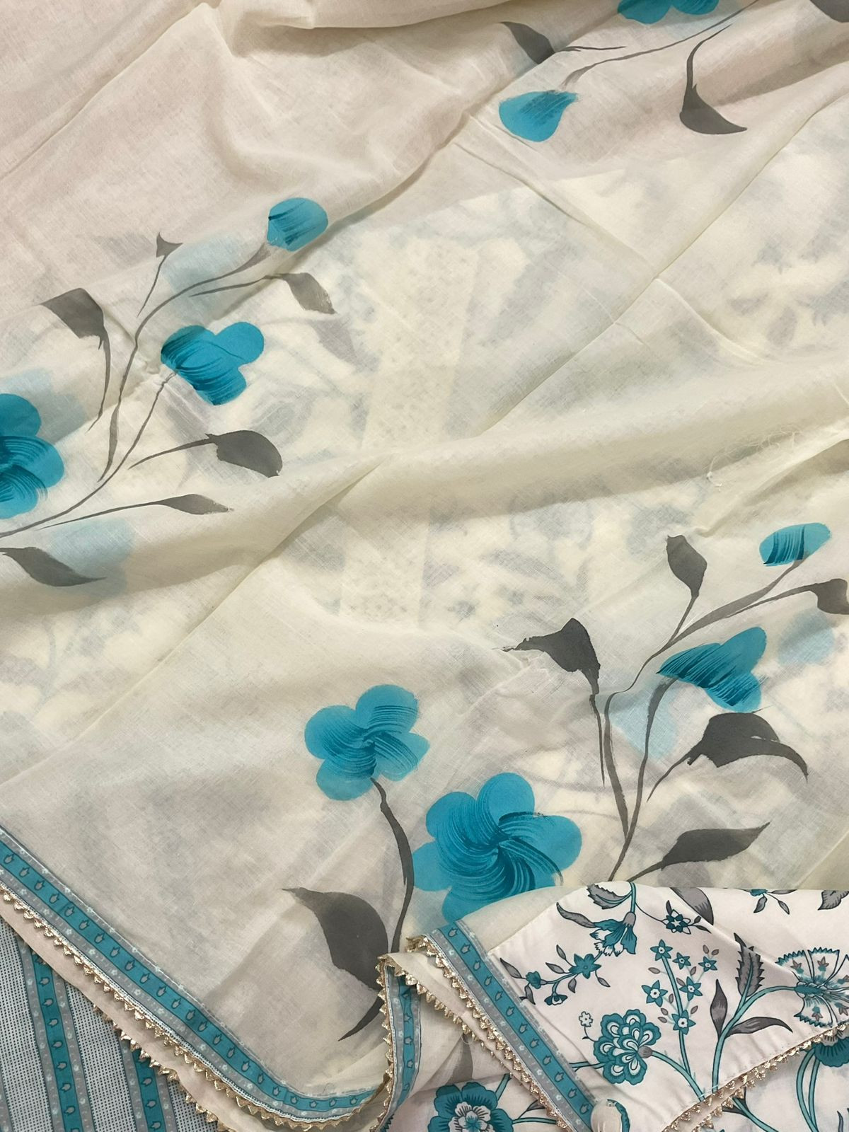 Pure Cotton Printed Embroidered Suit - Offwhite