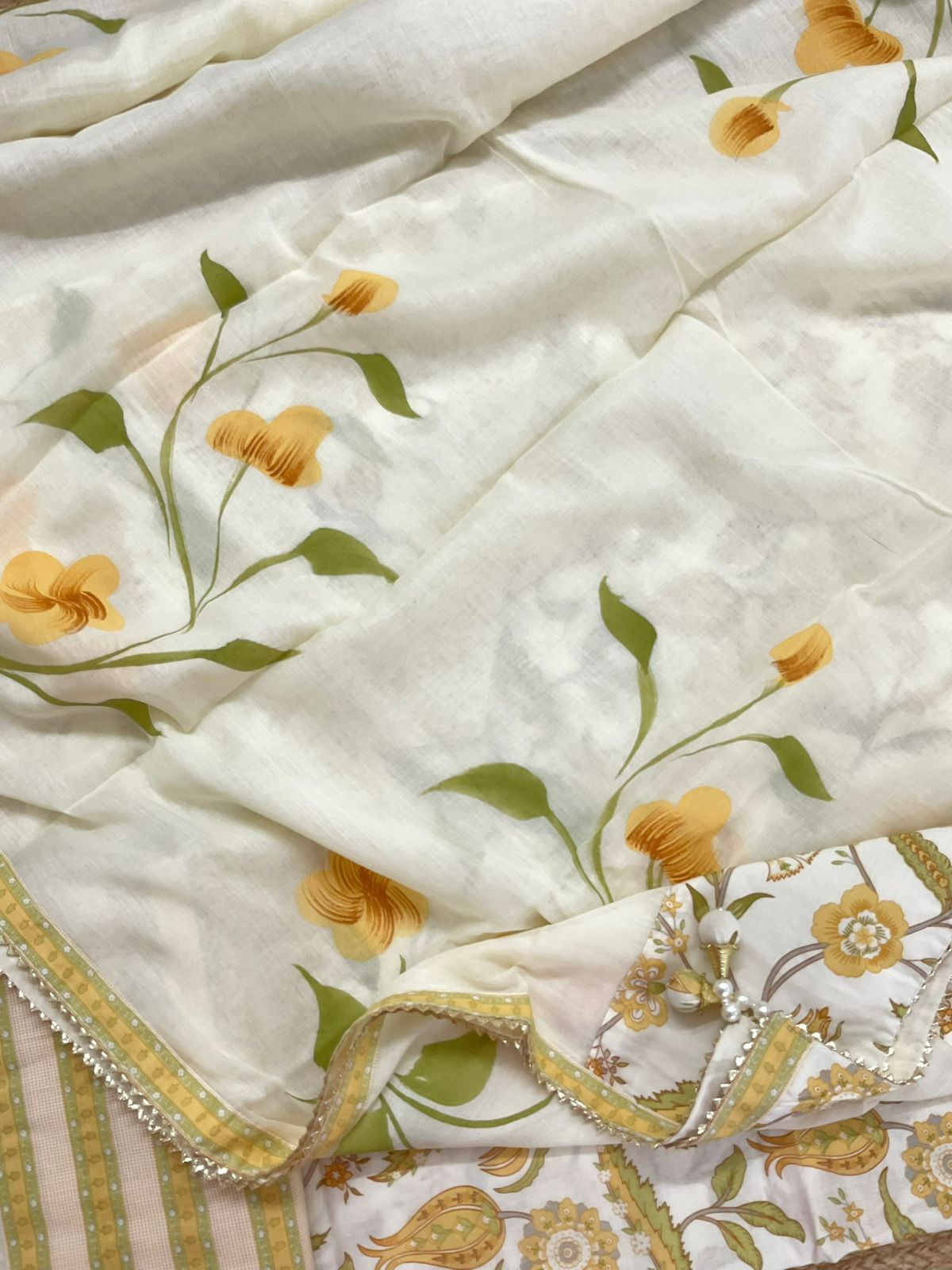 Pure Cotton Printed Embroidered Suit - Offwhite