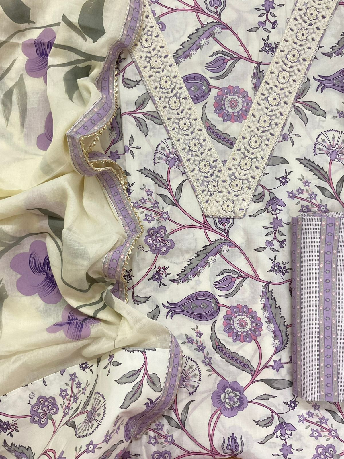 Pure Cotton Printed Embroidered Suit - Offwhite