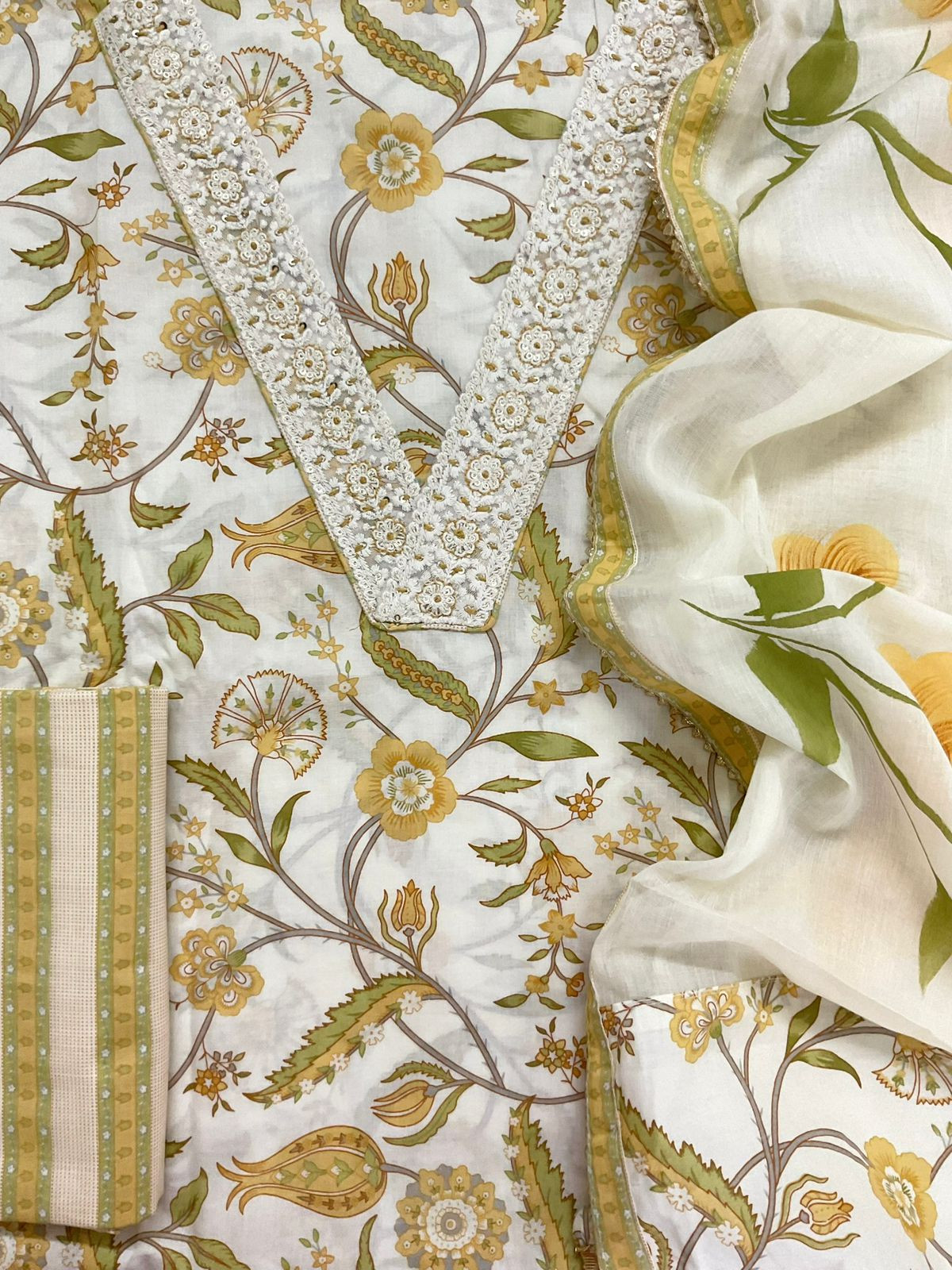 Pure Cotton Printed Embroidered Suit - Offwhite