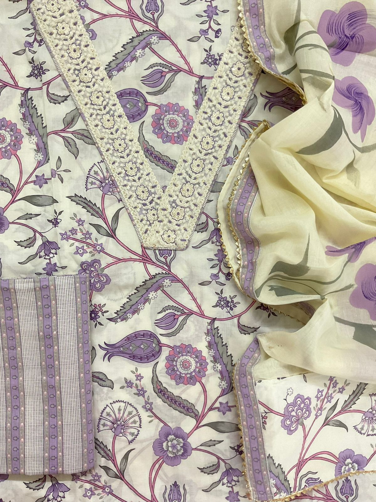 Pure Cotton Printed Embroidered Suit - Offwhite