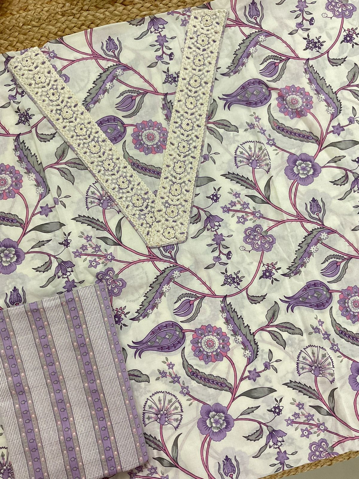 Pure Cotton Printed Embroidered Suit - Offwhite