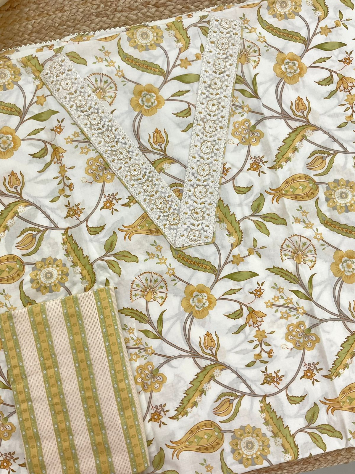 Pure Cotton Printed Embroidered Suit - Offwhite