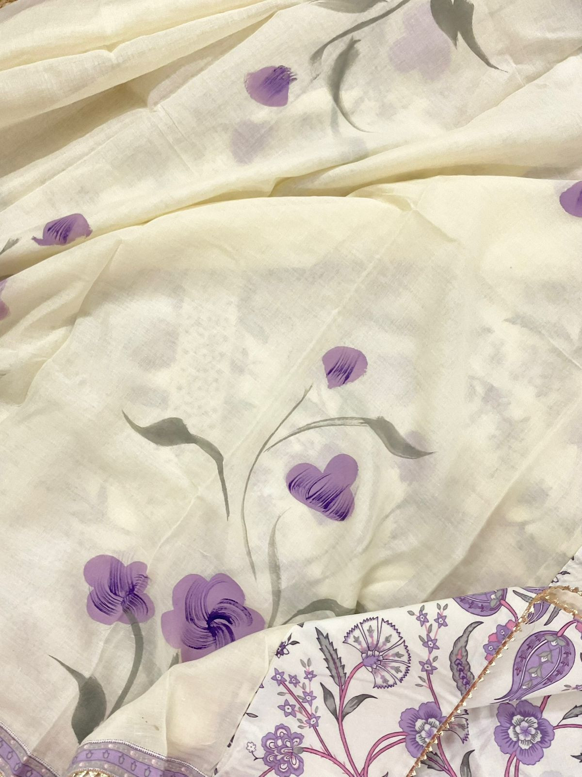 Pure Cotton Printed Embroidered Suit - Offwhite