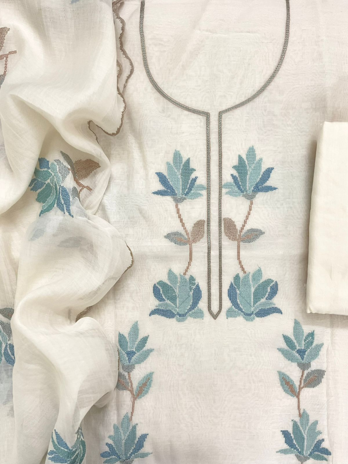 Pure Mul Chanderi Embroidered Suit - Off White