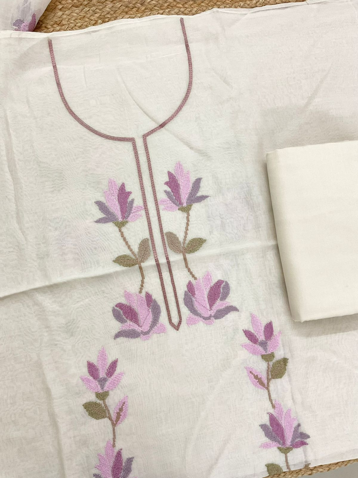 Pure Mul Chanderi Embroidered Suit - Off White