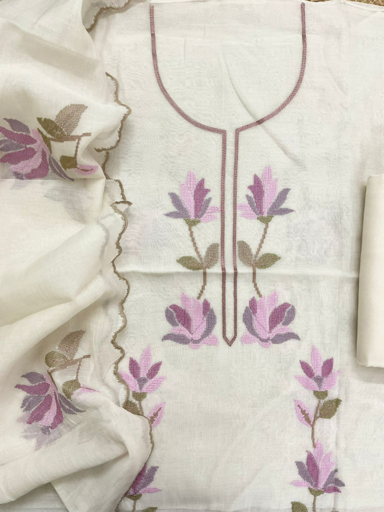 Image of Pure Mul Chanderi Embroidered Suit - Off White