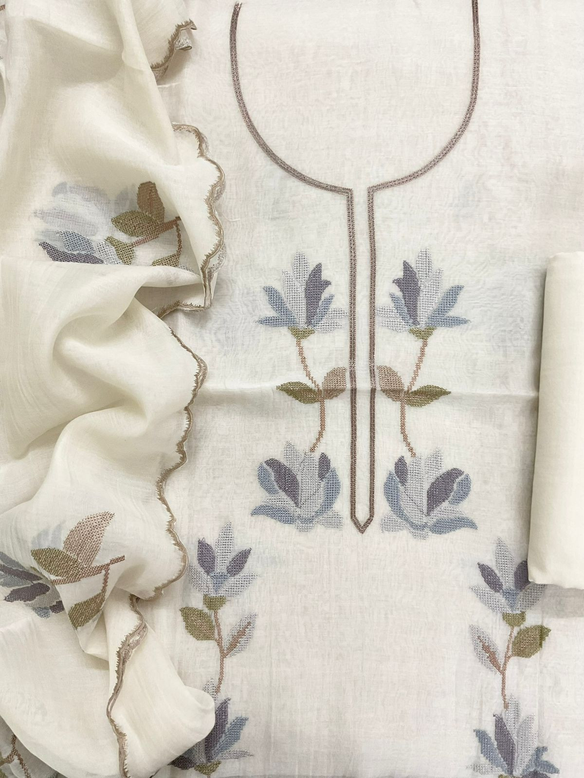 Pure Mul Chanderi Embroidered Suit - Off White