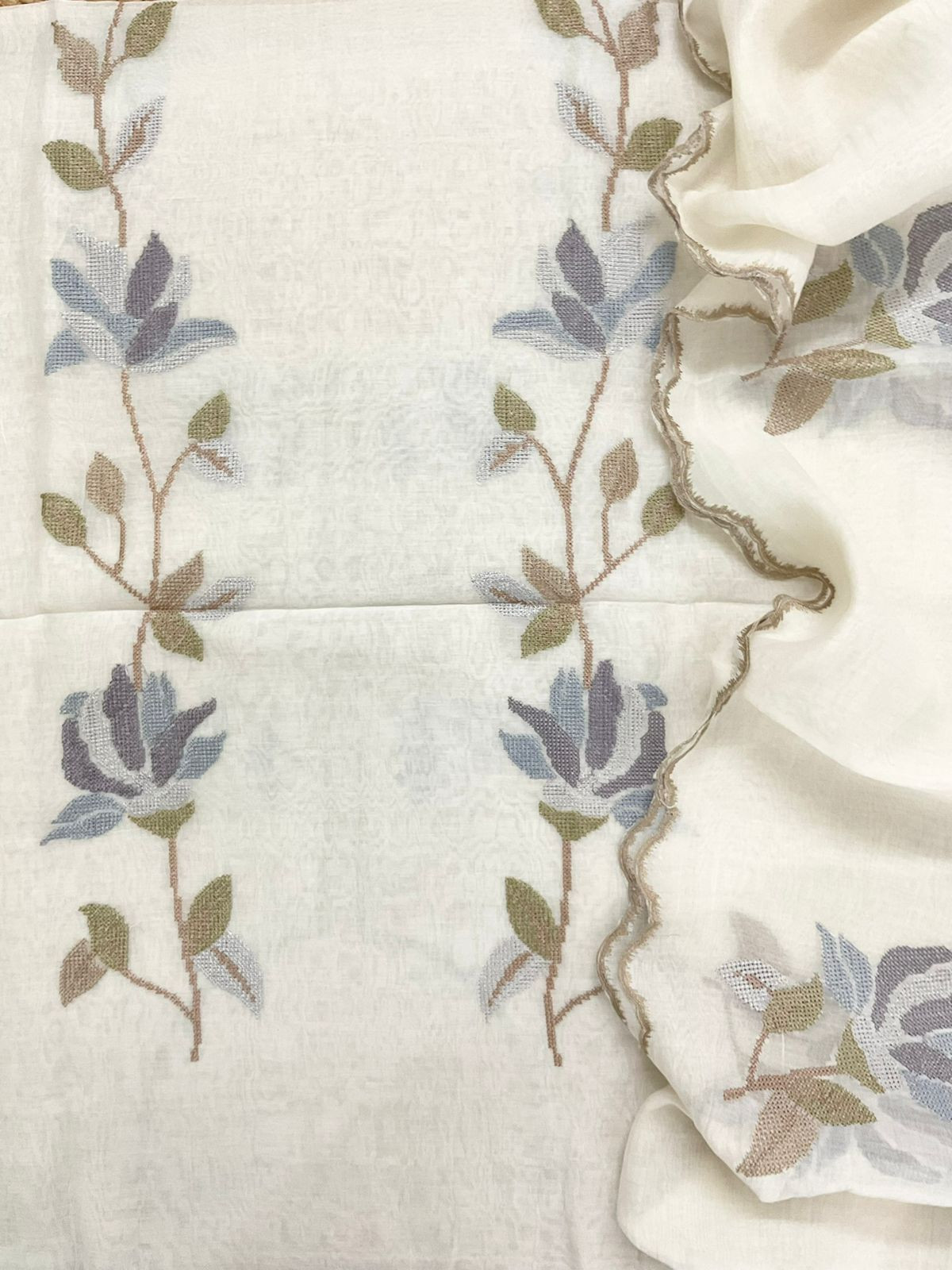 Pure Mul Chanderi Embroidered Suit - Off White