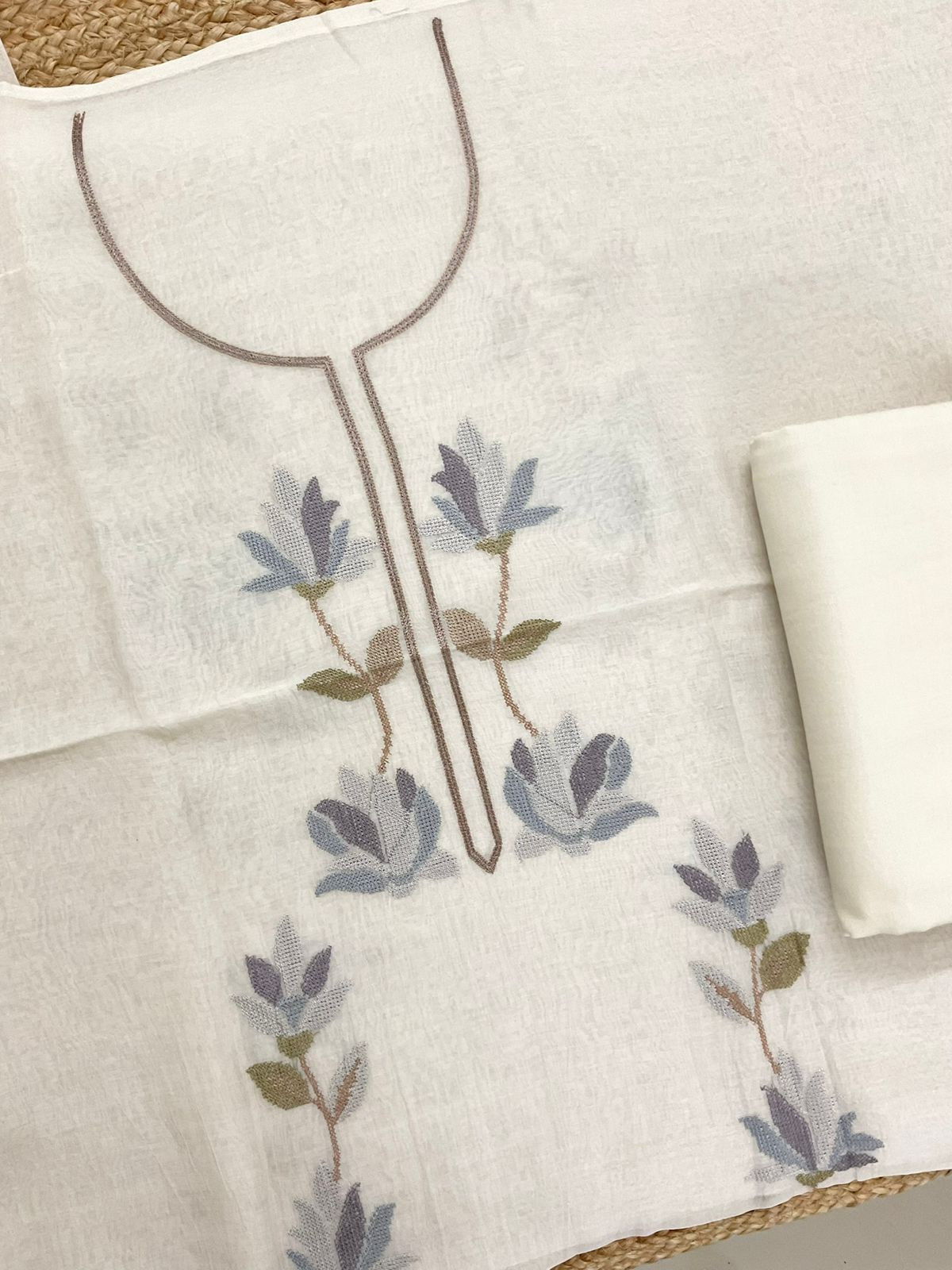 Pure Mul Chanderi Embroidered Suit - Off White