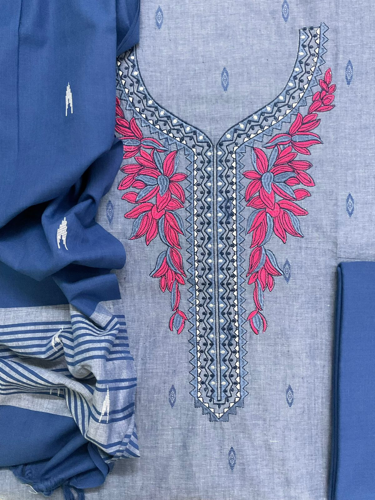 Pure Handloom Cotton Self Weaved Embroidered Suit - Blue