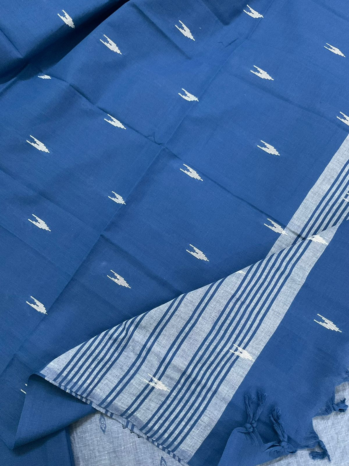 Pure Handloom Cotton Self Weaved Embroidered Suit - Blue