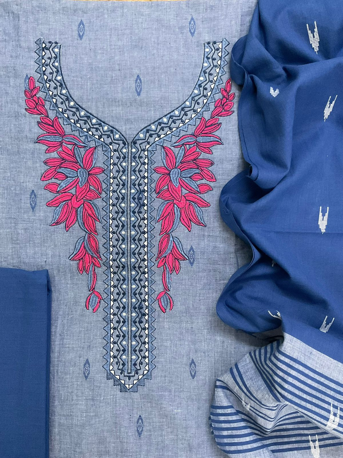 Pure Handloom Cotton Self Weaved Embroidered Suit - Blue