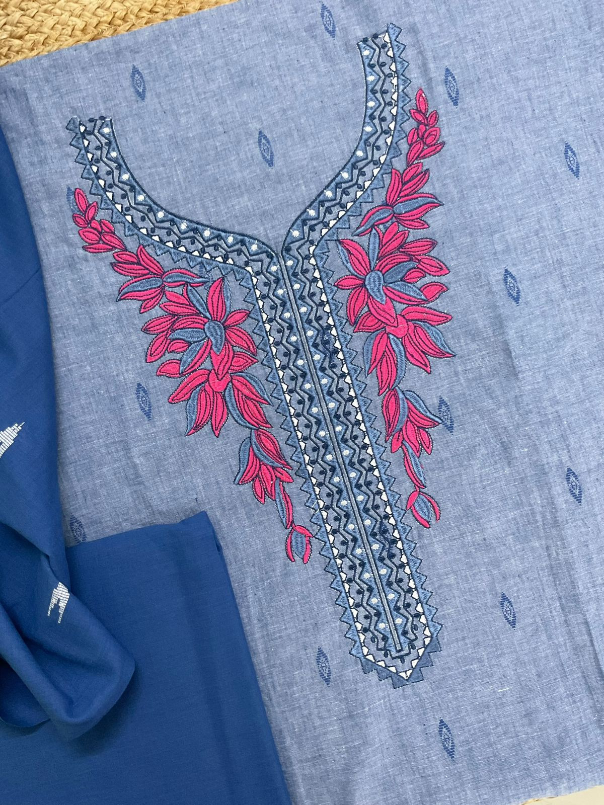 Pure Handloom Cotton Self Weaved Embroidered Suit - Blue