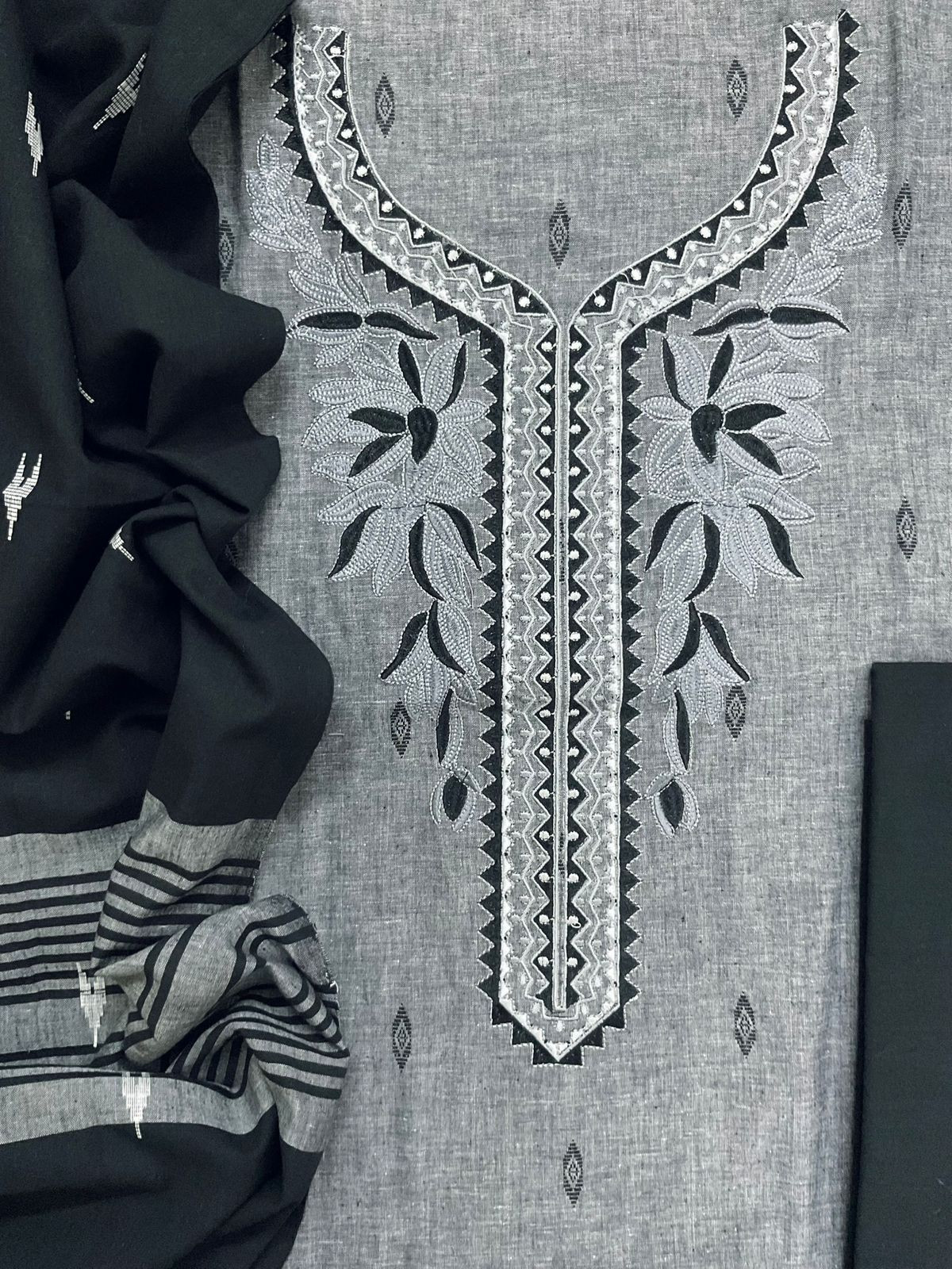 Pure Handloom Cotton Self Weaved Embroidered Suit - Black