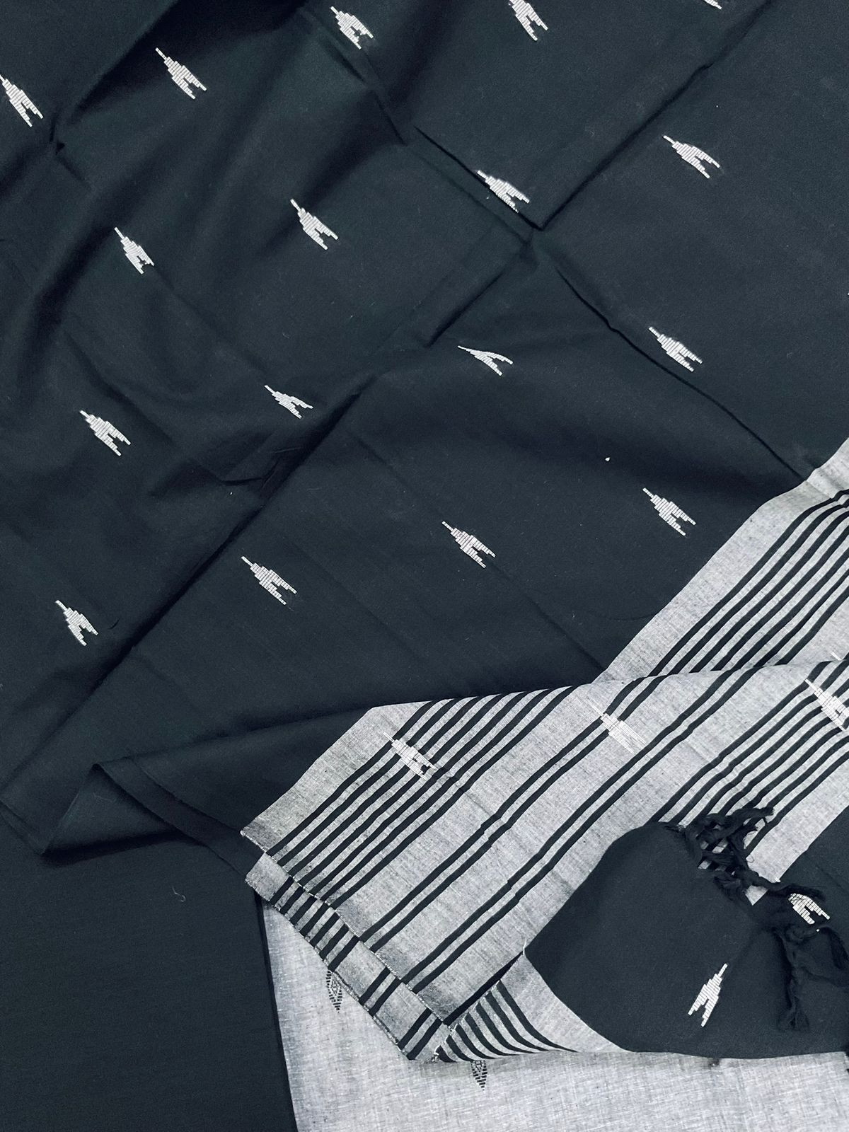 Pure Handloom Cotton Self Weaved Embroidered Suit - Black