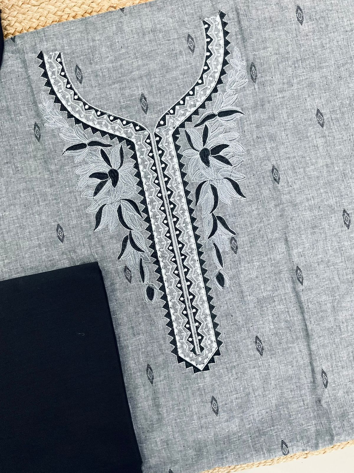 Pure Handloom Cotton Self Weaved Embroidered Suit - Black