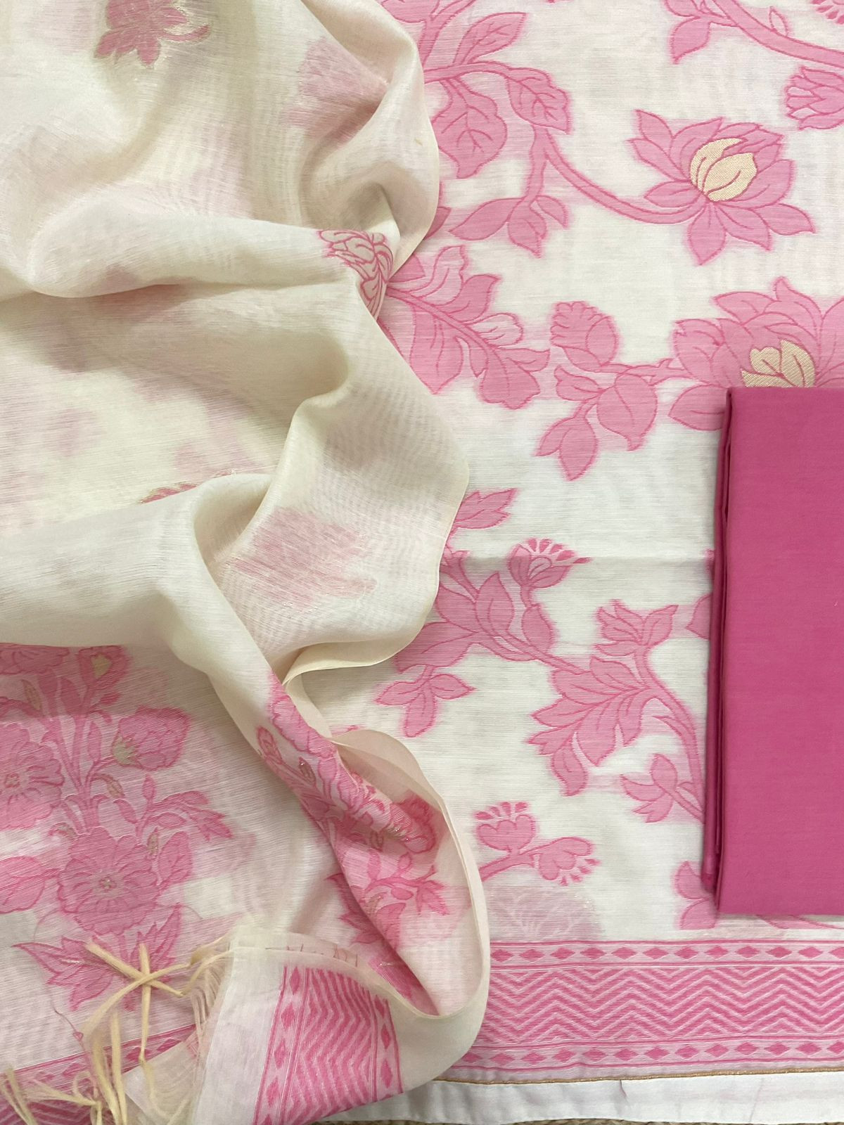 Soft Slub Chanderi Jamdani Weaved Suit - Off White