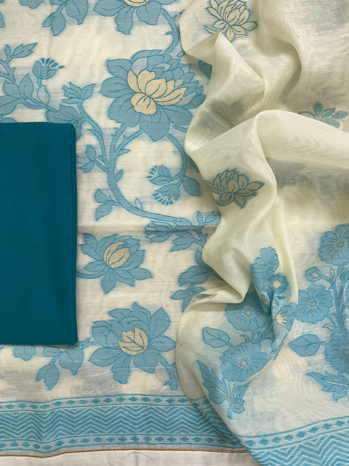 Soft Slub Chanderi Jamdani Weaved Suit - Off White