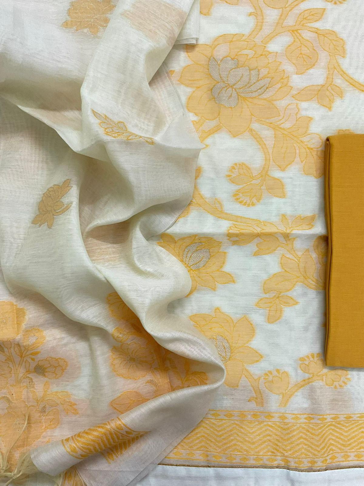 Soft Slub Chanderi Jamdani Weaved Suit - Off White