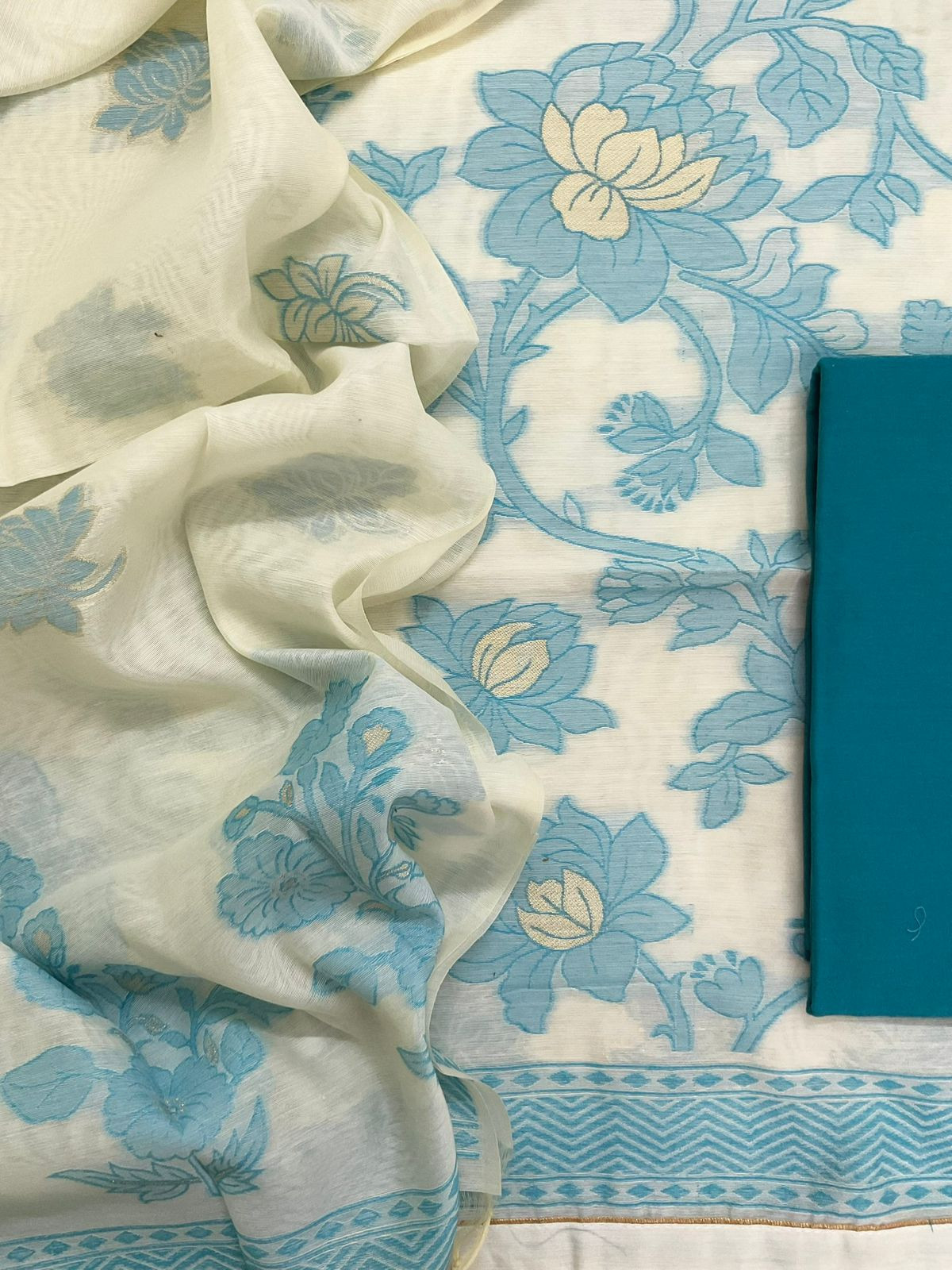 Soft Slub Chanderi Jamdani Weaved Suit - Off White