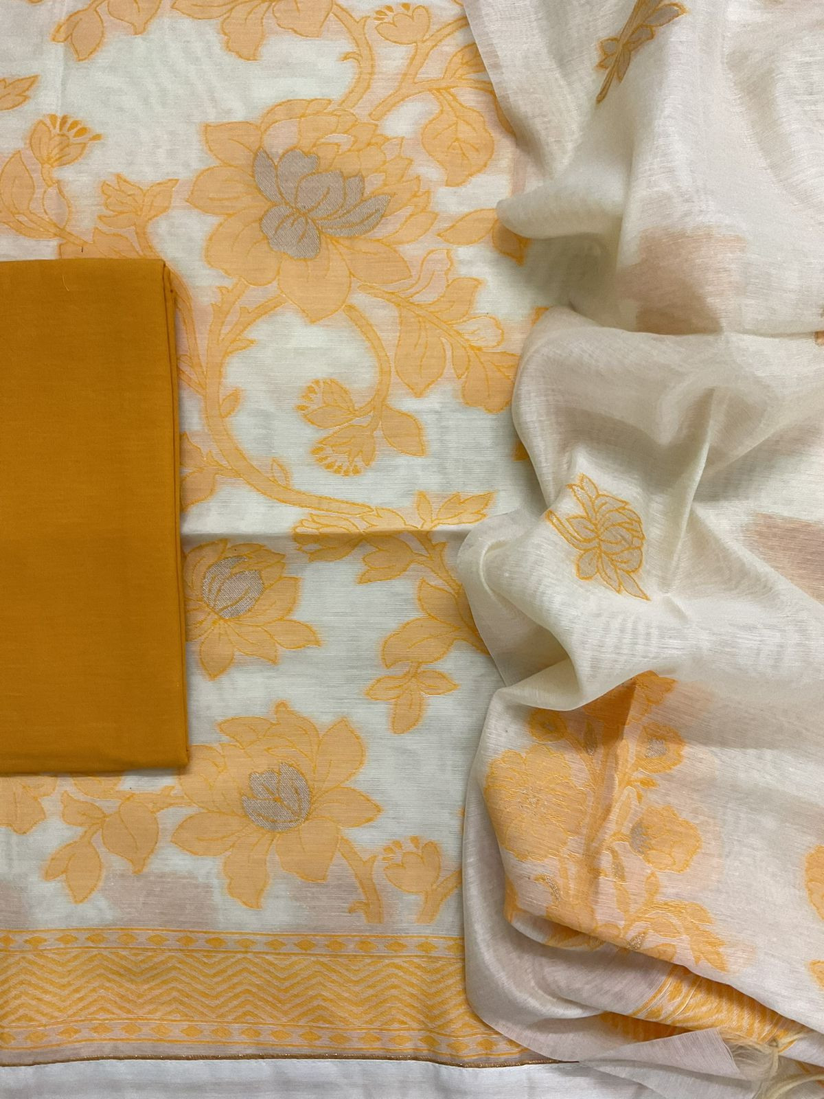 Soft Slub Chanderi Jamdani Weaved Suit - Off White