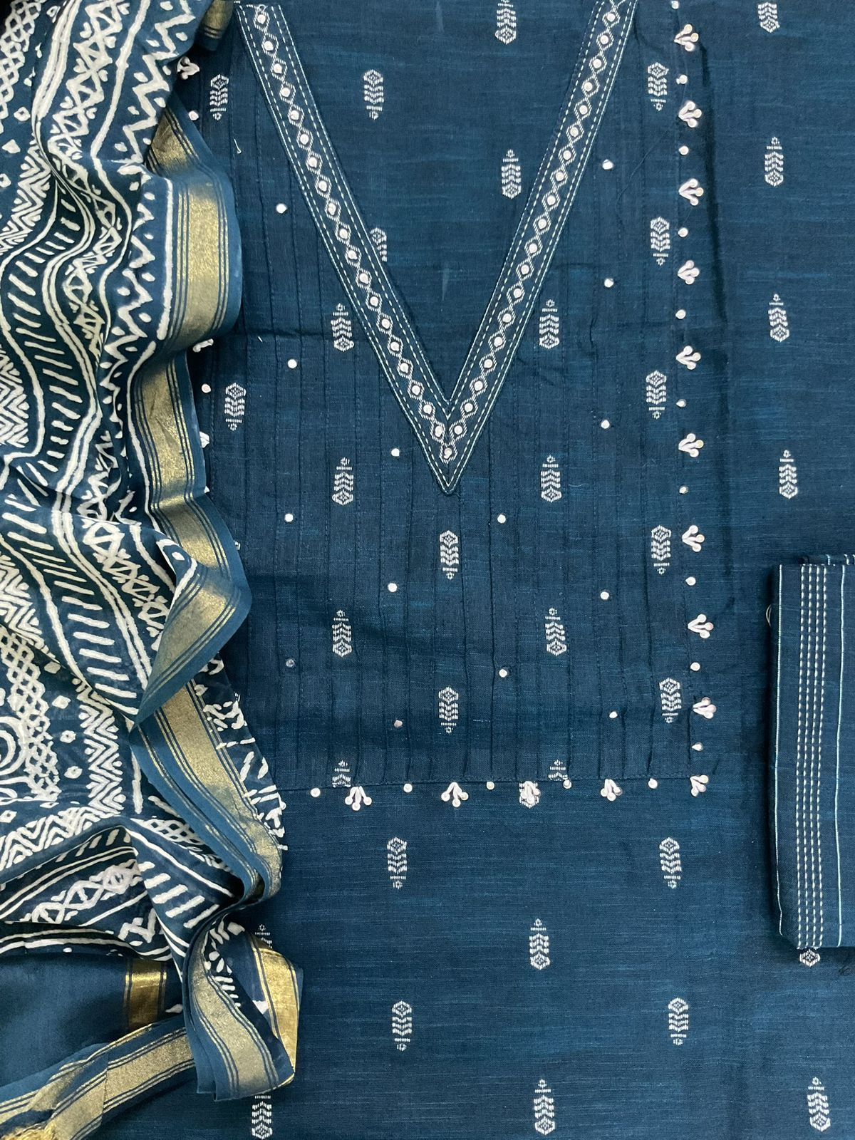 Pure Handloom Cotton Self Weaved Embroidered Suit - Blue