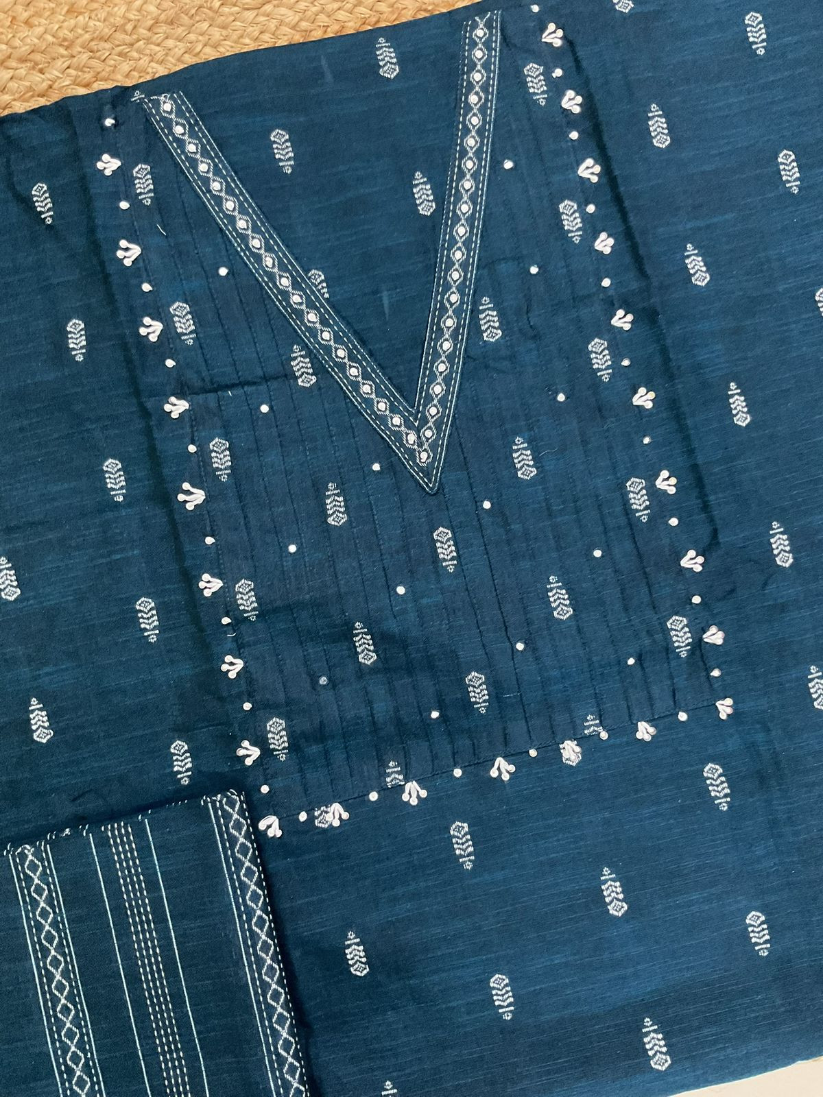 Pure Handloom Cotton Self Weaved Embroidered Suit - Blue