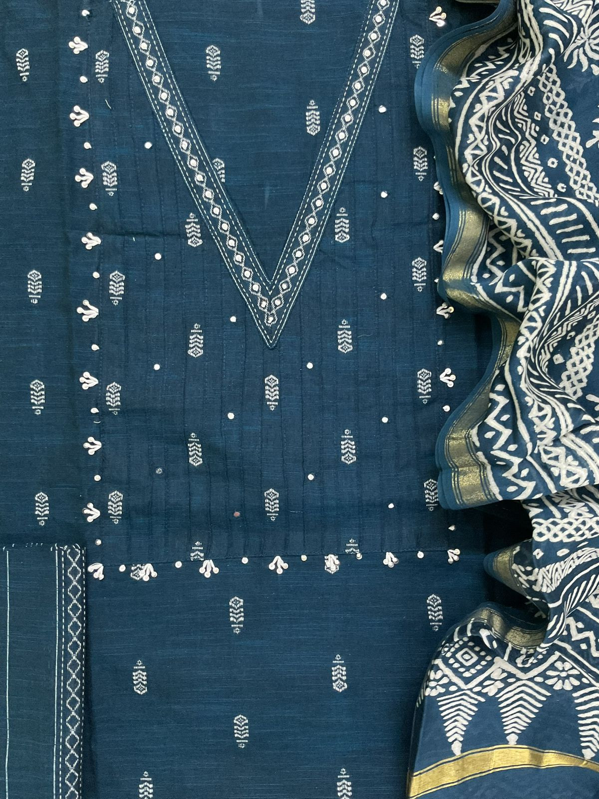 Pure Handloom Cotton Self Weaved Embroidered Suit - Blue