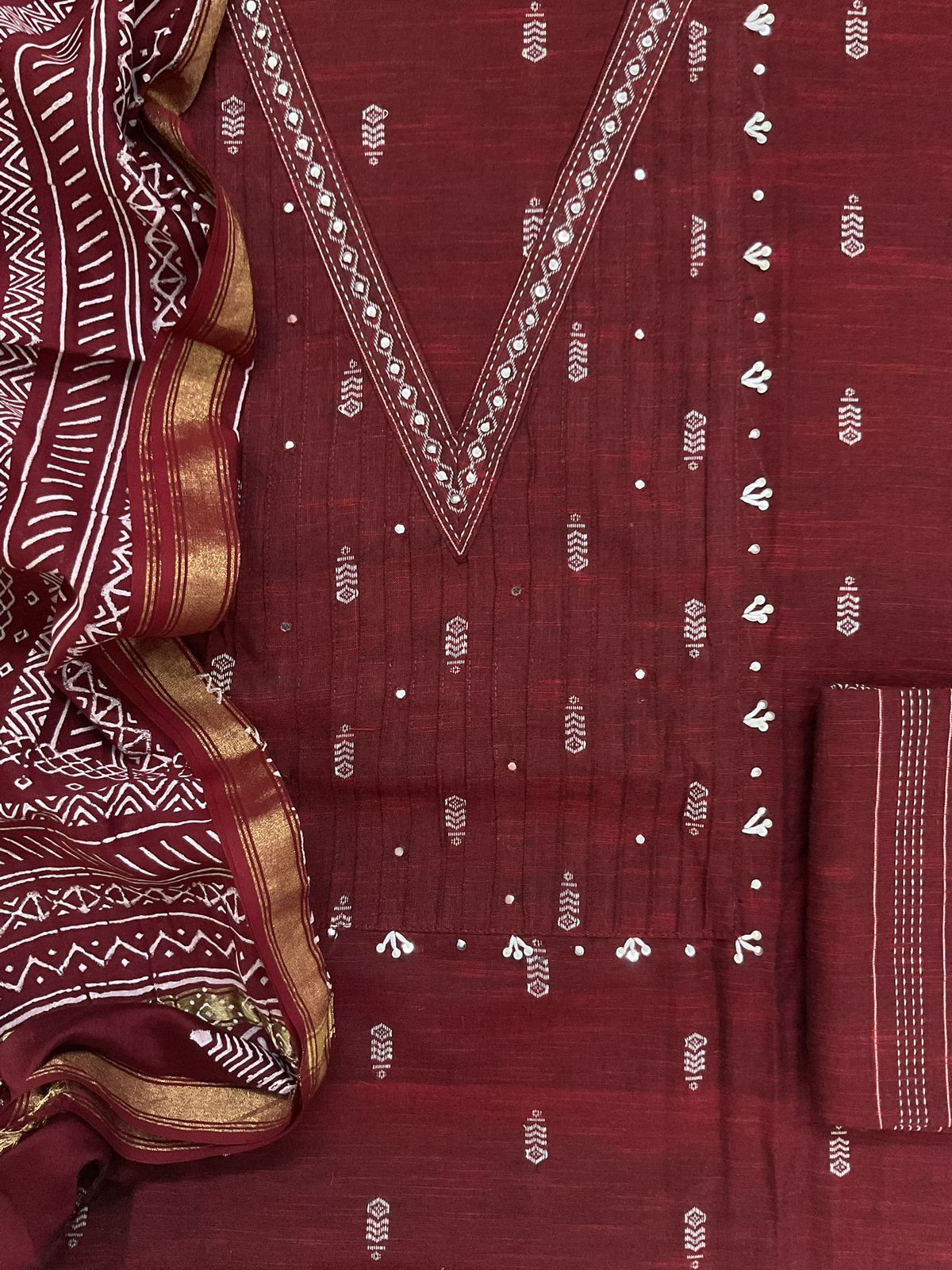 Pure Handloom Cotton Self Weaved Embroidered Suit - Maroon