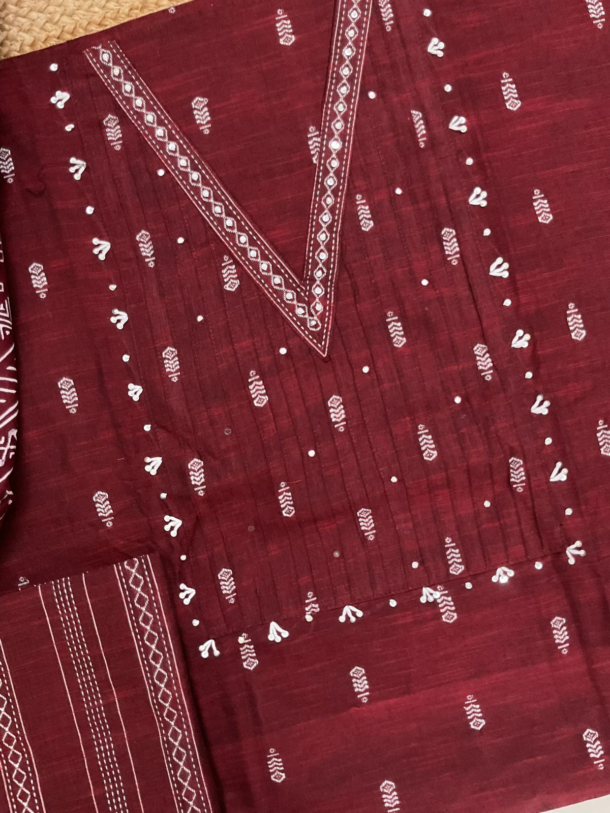 Pure Handloom Cotton Self Weaved Embroidered Suit - Maroon